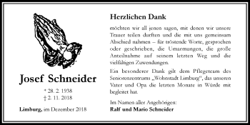 Traueranzeige von Josef Schneider von RMZ