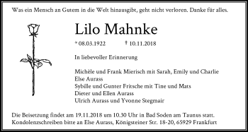 Traueranzeige von Lilo Mahnke von RMZ