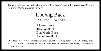 Traueranzeige von Ludwig Back von Hildesheimer Allgemeine Zeitung