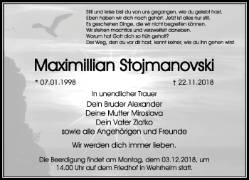 Traueranzeige von Maximillian Stojmanovski von RMZ