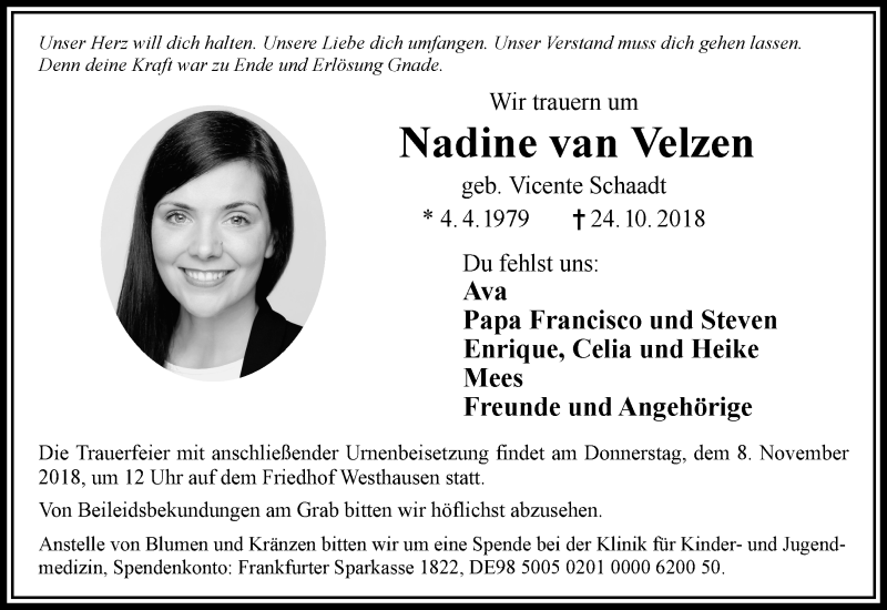  Traueranzeige für Nadine  van Velzen vom 03.11.2018 aus RMZ