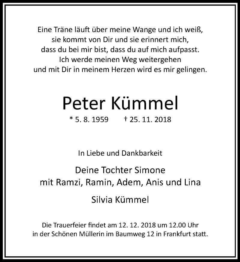  Traueranzeige für Peter Kümmel vom 01.12.2018 aus RMZ