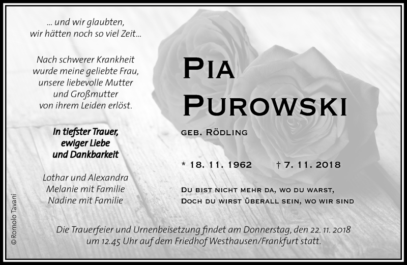  Traueranzeige für Pia Purowski vom 17.11.2018 aus RMZ