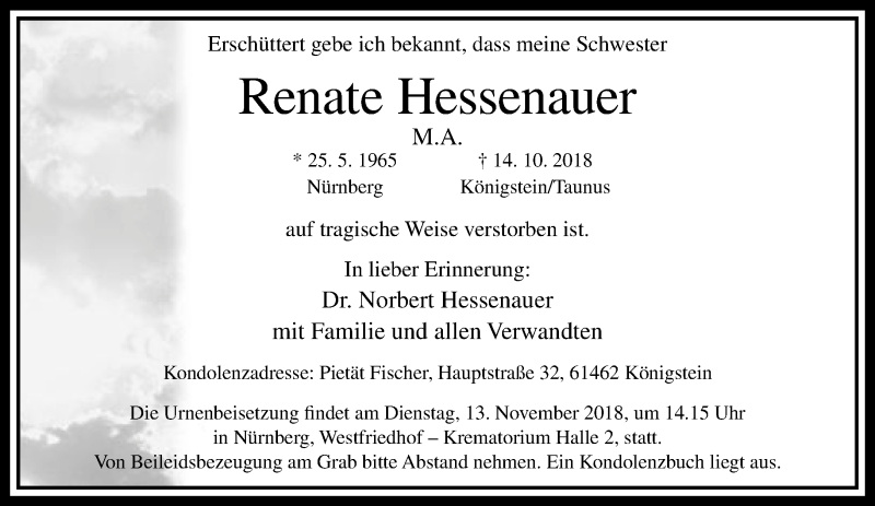  Traueranzeige für Renate Hessenauer vom 10.11.2018 aus RMZ