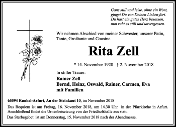 Traueranzeige von Rita Zell von RMZ