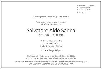 Traueranzeige von Salvatore Aldo Sanna von RMZ