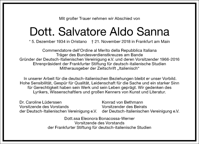  Traueranzeige für Salvatore Aldo Sanna vom 01.12.2018 aus RMZ