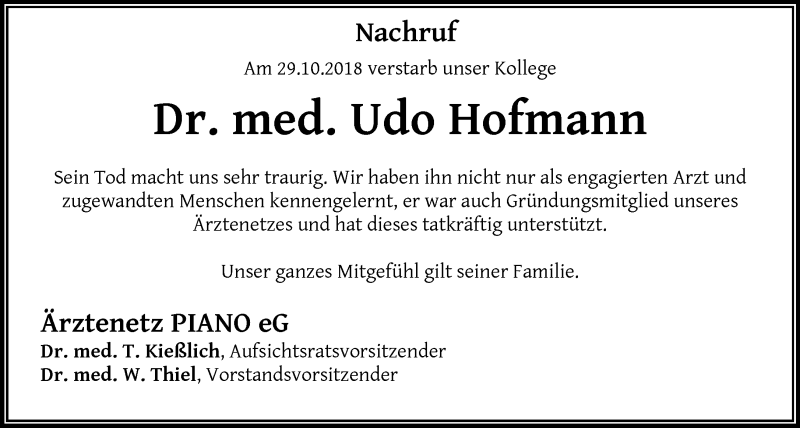 Traueranzeige für Udo Hofmann vom 06.11.2018 aus RMZ