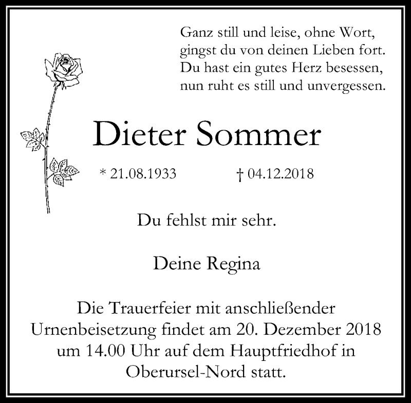  Traueranzeige für Dieter Sommer vom 15.12.2018 aus RMZ