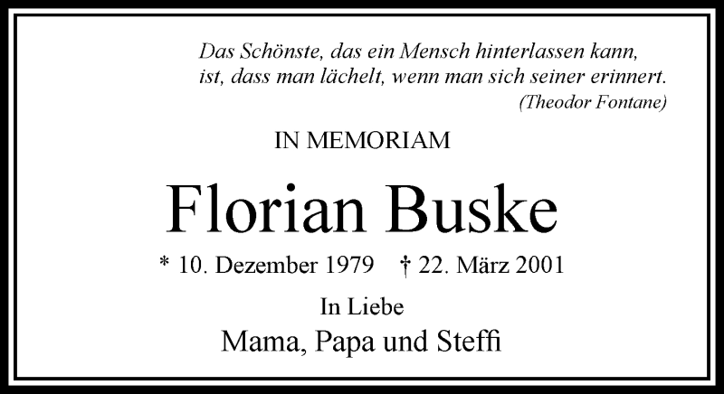  Traueranzeige für Florian Buske vom 10.12.2018 aus RMZ