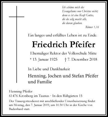 Traueranzeige von Friedrich Pfeifer von RMZ