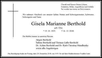 Traueranzeige von Gisela Marianne Berthold von RMZ