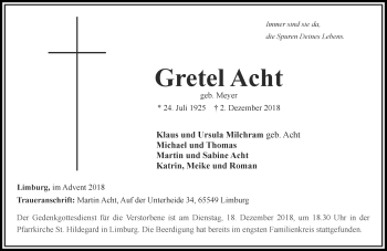 Traueranzeige von Gretel Acht von RMZ