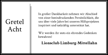 Traueranzeige von Gretel Acht von RMZ