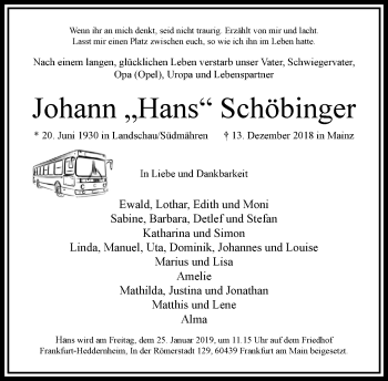 Traueranzeige von Johann Schöbinger von RMZ