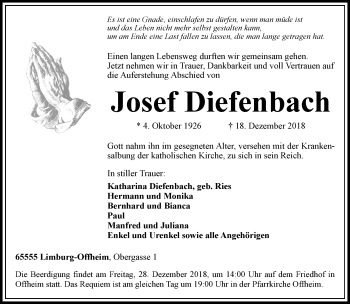 Traueranzeige von Josef Diefenbach von RMZ