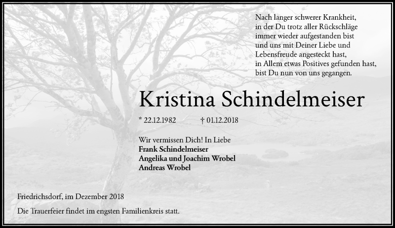  Traueranzeige für Kristina Schindelmeiser vom 08.12.2018 aus RMZ