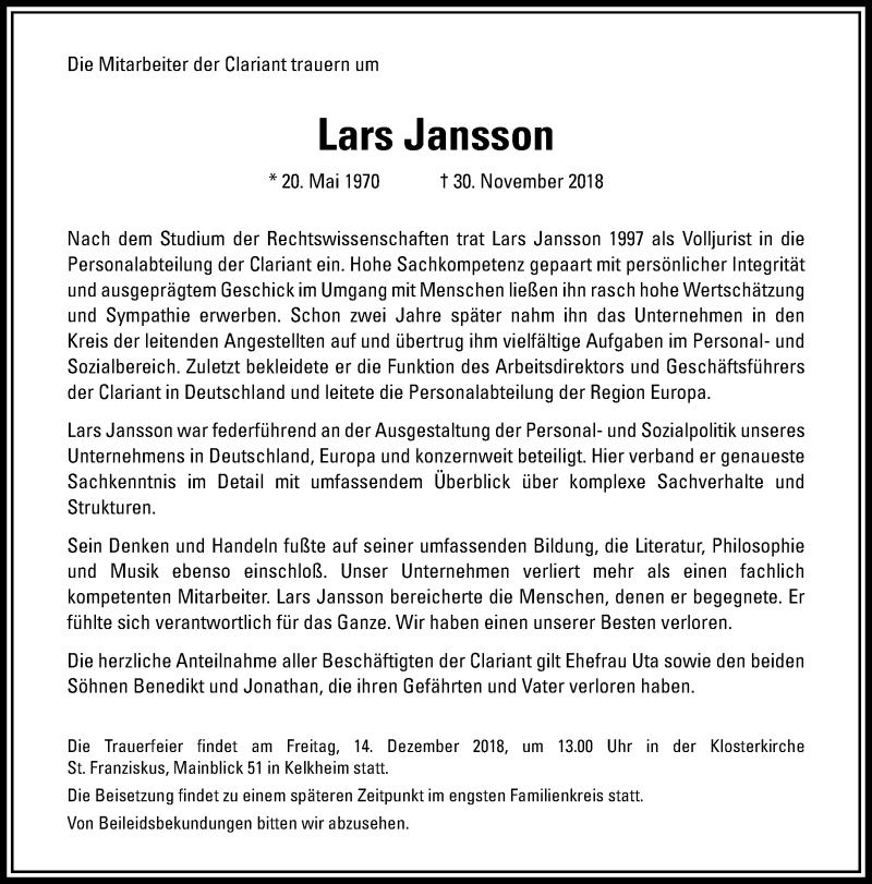  Traueranzeige für Lars Jansson vom 05.12.2018 aus RMZ