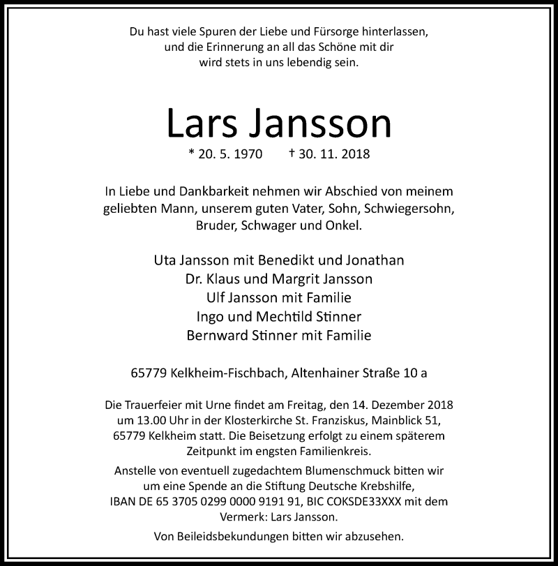  Traueranzeige für Lars Jansson vom 05.12.2018 aus RMZ