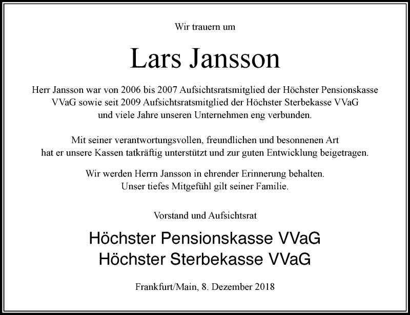  Traueranzeige für Lars Jansson vom 08.12.2018 aus RMZ