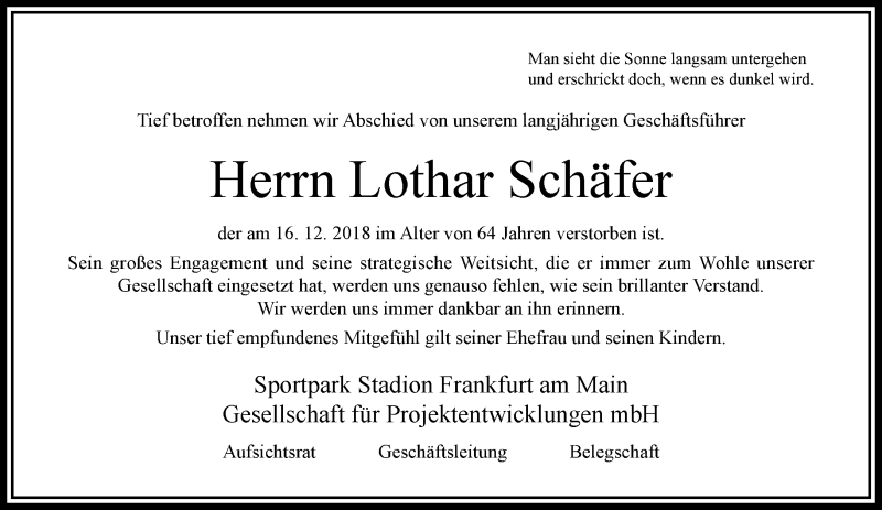  Traueranzeige für Lothar Schäfer vom 19.12.2018 aus RMZ
