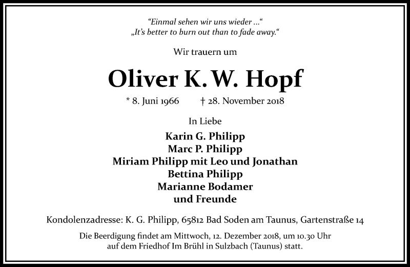  Traueranzeige für Oliver Hopf vom 08.12.2018 aus RMZ