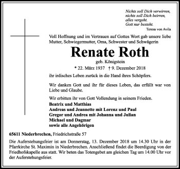 Traueranzeige von Renate Roth von RMZ