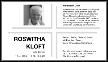 Traueranzeige von Roswitha Kloft von RMZ