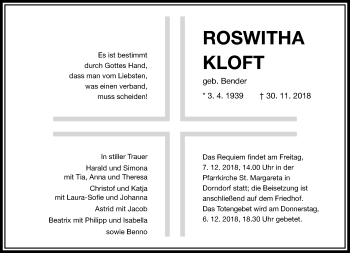 Traueranzeige von Roswitha Kloft von RMZ