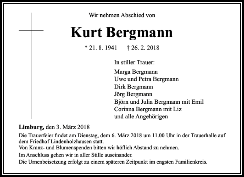  Traueranzeige für Kurt Bergmann vom 03.03.2018 aus Rhein Main Media