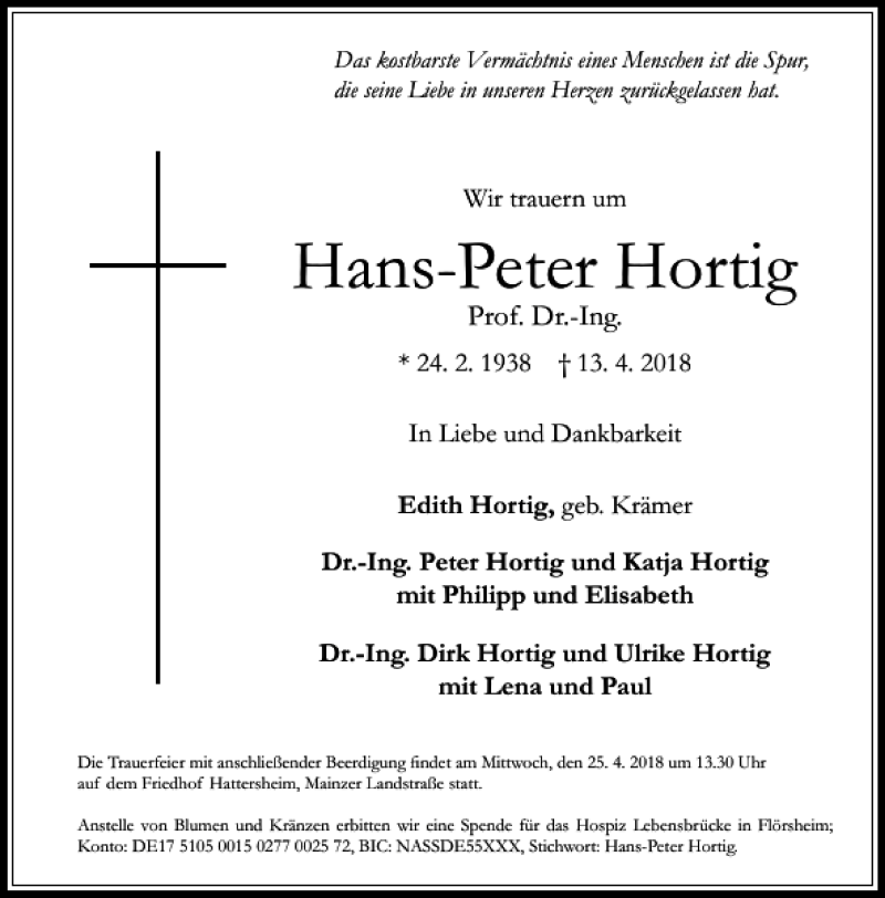  Traueranzeige für Hans-Peter Hortig vom 21.04.2018 aus Rhein Main Media
