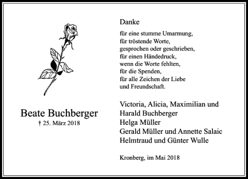  Traueranzeige für Beate Buchberger vom 12.05.2018 aus Rhein Main Media