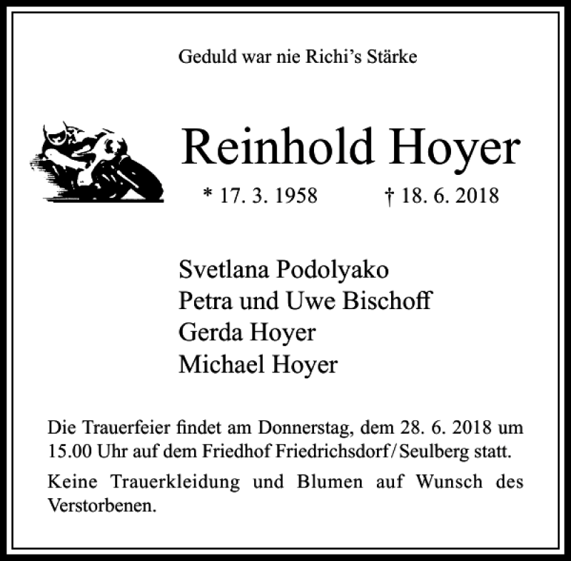  Traueranzeige für Reinhold Hoyer vom 23.06.2018 aus Rhein Main Media