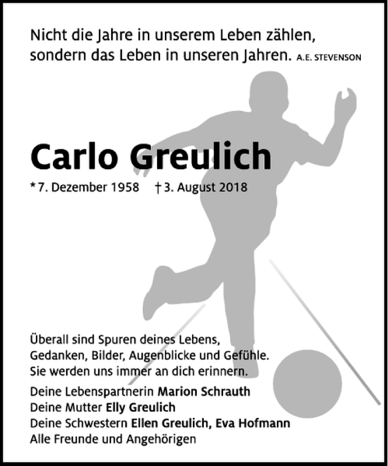  Traueranzeige für Carlo Greulich vom 29.08.2018 aus Rhein Main Media