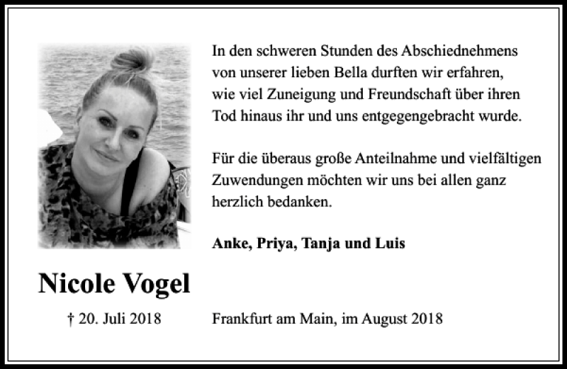  Traueranzeige für Nicole Vogel vom 18.08.2018 aus Rhein Main Media