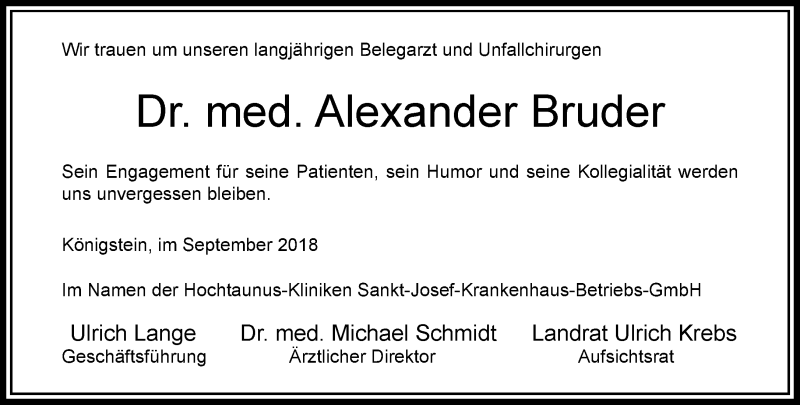  Traueranzeige für Alexander Bruder vom 22.09.2018 aus RMZ