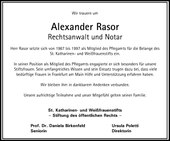 Traueranzeige von Alexander Rasor von RMZ