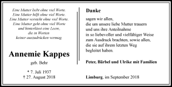 Traueranzeige von Annemie Kappes von RMZ
