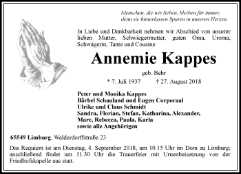 Traueranzeige von Annemie Kappes von RMZ