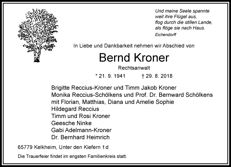  Traueranzeige für Bernd Kroner vom 01.09.2018 aus RMZ