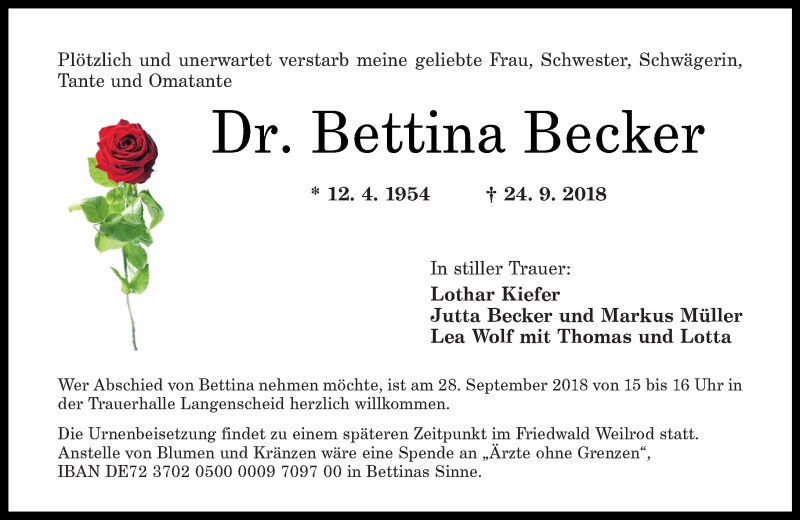  Traueranzeige für Bettina Becker vom 27.09.2018 aus RMZ