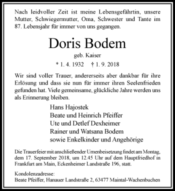 Traueranzeige von Doris Bodem von RMZ