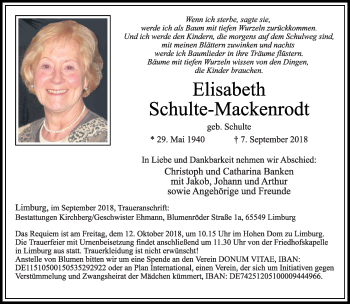 Traueranzeige von Elisabeth Schulte-Mackenrodt von RMZ