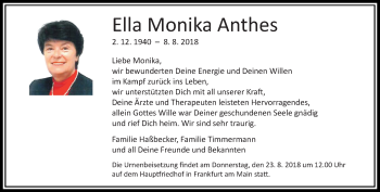 Traueranzeige von Ella Monika Anthes von RMZ