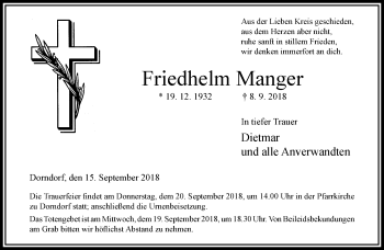 Traueranzeige von Friedhelm Manger von RMZ