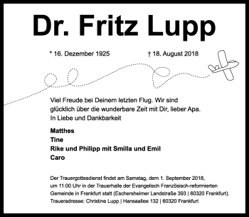 Traueranzeige von Fritz Lupp von RMZ