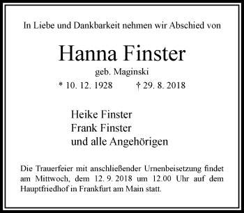 Traueranzeige von Hanna Finster von RMZ