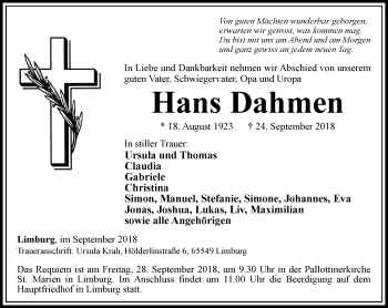 Traueranzeige von Hans Dahmen von RMZ