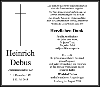 Traueranzeige von Heinrich Debus von RMZ