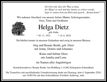 Traueranzeige von Helga Dietz von RMZ